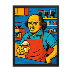 Pop art of William Shakespeare as a frustrated barista in a modern coffee shop framed print on a plain backdrop in size 18"x24".
