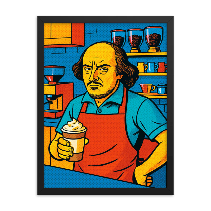 Pop art of William Shakespeare as a frustrated barista in a modern coffee shop framed print on a plain backdrop in size 18