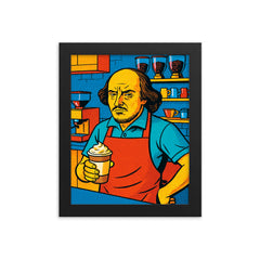 Pop art of William Shakespeare as a frustrated barista in a modern coffee shop framed print on a plain backdrop in size 8"x10".