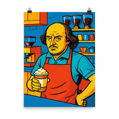Pop art of William Shakespeare as a frustrated barista in a modern coffee shop poster on a plain backdrop in size 8"x10".