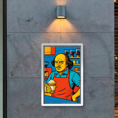 Pop art of William Shakespeare as a frustrated barista in a modern coffee shop poster 2