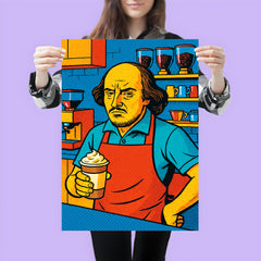 Pop art of William Shakespeare as a frustrated barista in a modern coffee shop poster 3