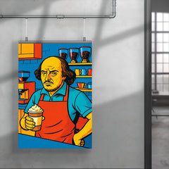 Pop art of William Shakespeare as a frustrated barista in a modern coffee shop poster 4