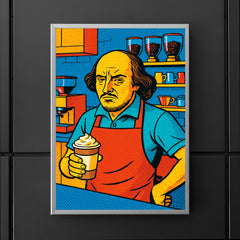 Pop art of William Shakespeare as a frustrated barista in a modern coffee shop poster 5