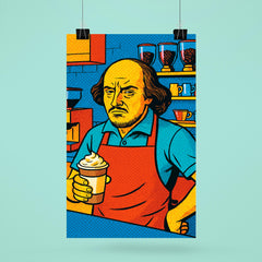 Pop art of William Shakespeare as a frustrated barista in a modern coffee shop poster 6