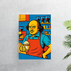 Pop art of William Shakespeare as a frustrated barista in a modern coffee shop poster 7