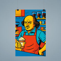 Pop art of William Shakespeare as a frustrated barista in a modern coffee shop poster 9