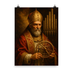 Pope Sylvester II with astrolabe and organ pipes poster on a plain backdrop in size 8"x10".