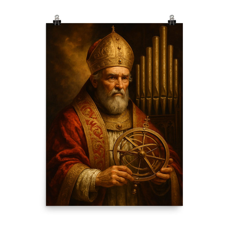 Pope Sylvester II with astrolabe and organ pipes poster on a plain backdrop in size 8