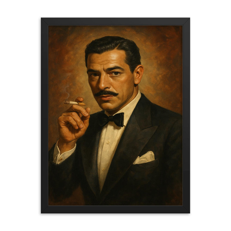 Porfirio Rubirosa framed print on a plain backdrop in size 18