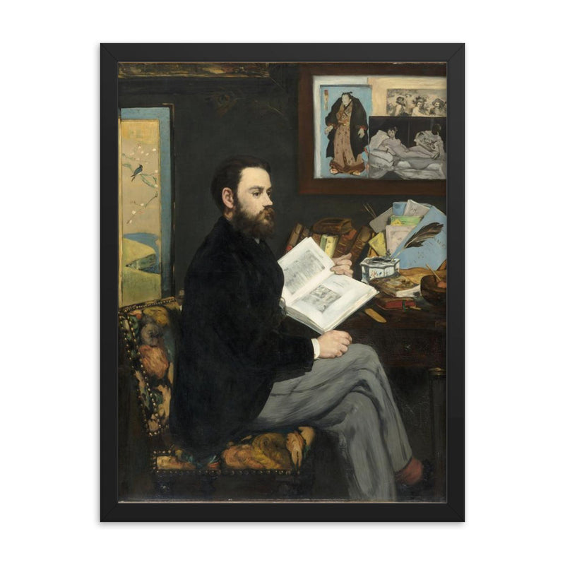Portrait of Émile Zola by Édouard Manet framed print on a plain backdrop in size 18