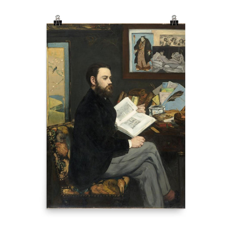 Portrait of Émile Zola by Édouard Manet poster on a plain backdrop in size 8