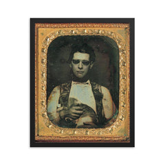 Portrait of a Blind Man Holding a Cat, c. 1850 framed print on a plain backdrop in size 16"x20".