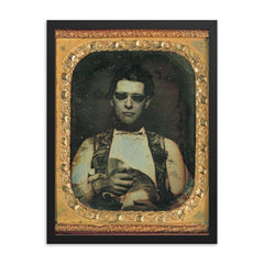 Portrait of a Blind Man Holding a Cat, c. 1850 framed print on a plain backdrop in size 18"x24".