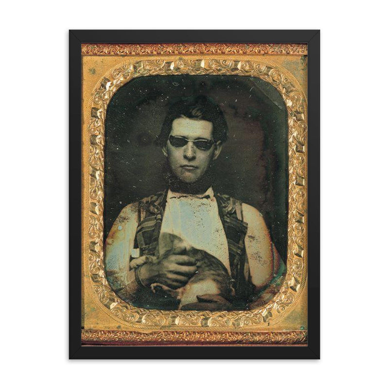 Portrait of a Blind Man Holding a Cat, c. 1850 framed print on a plain backdrop in size 18