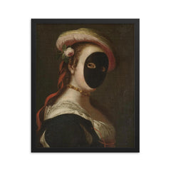 Portrait of a Lady Wearing a Carnival Mask, Venetian School framed print on a plain backdrop in size 16"x20".