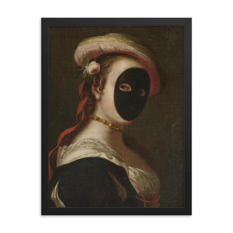 Portrait of a Lady Wearing a Carnival Mask, Venetian School framed print on a plain backdrop in size 18