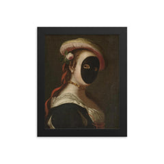 Portrait of a Lady Wearing a Carnival Mask, Venetian School framed print on a plain backdrop in size 8"x10".