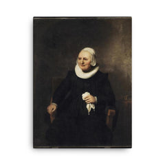 Portrait of a Seated Woman with Handkerchief by Carel Fabritius canvas print on a plain backdrop in size 18"x24".
