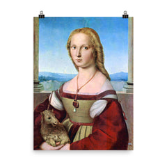 Portrait of a Young Lady with a Unicorn by Raphael poster on a plain backdrop in size 8"x10".