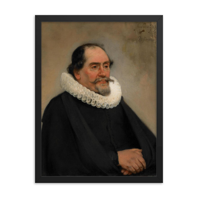 Portrait of Abraham de Potter by Carel Fabritius framed print on a plain backdrop in size 18