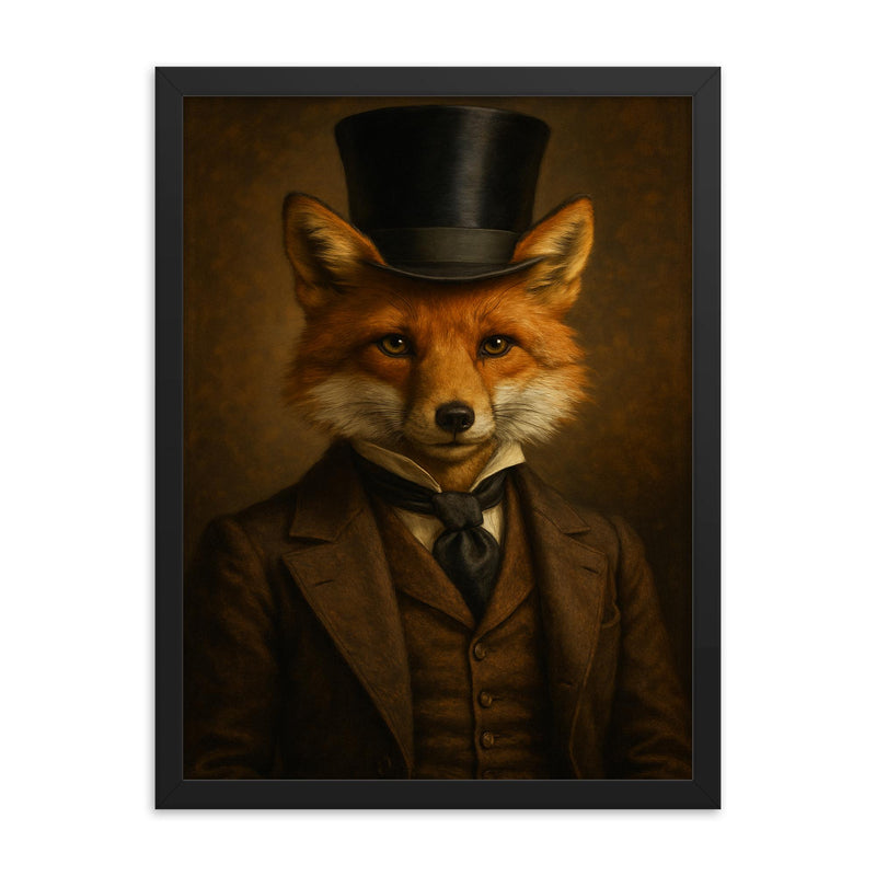 Portrait of an extremely well dressed fox in a vintage suit and top hat framed print on a plain backdrop in size 18