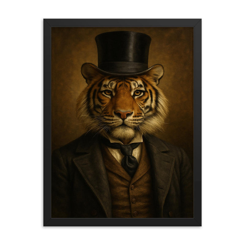 Portrait of an extremely well dressed tiger in vintage suit and top hat framed print on a plain backdrop in size 18