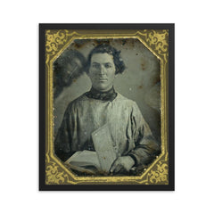 Portrait of an Unidentified Man Holding a Book with Another Man Behind Him, c. 1840s framed print on a plain backdrop in size 16"x20".