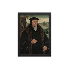 Portrait of Cornelius Aerentsz van der Dussin by Jan Van Scorel framed print on a plain backdrop in size 12"x16".