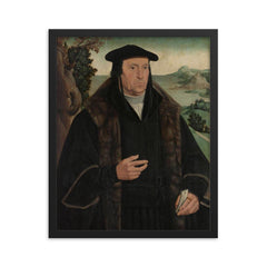 Portrait of Cornelius Aerentsz van der Dussin by Jan Van Scorel framed print on a plain backdrop in size 16"x20".