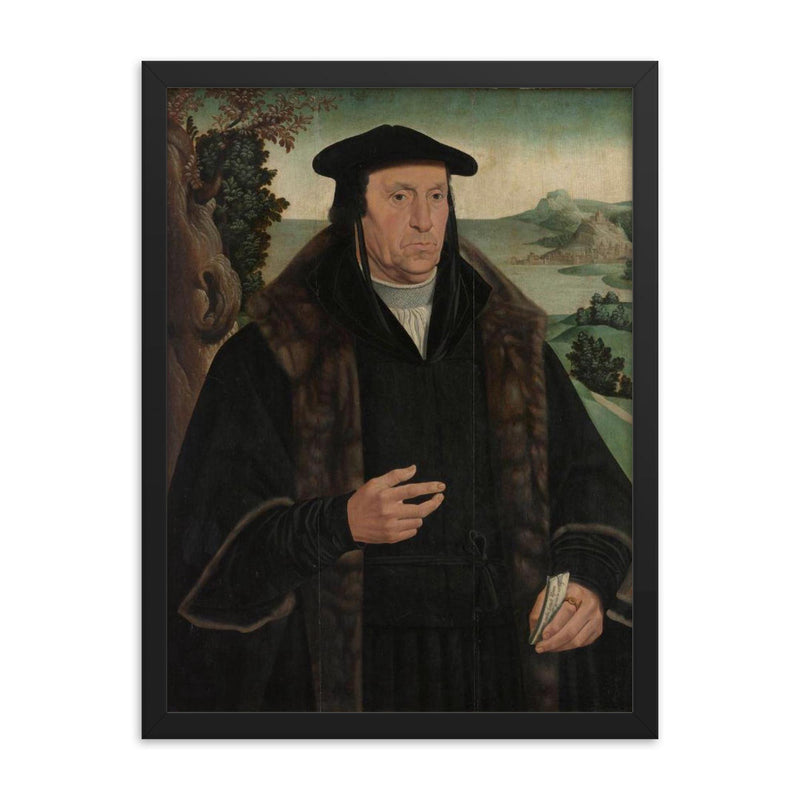 Portrait of Cornelius Aerentsz van der Dussin by Jan Van Scorel framed print on a plain backdrop in size 18