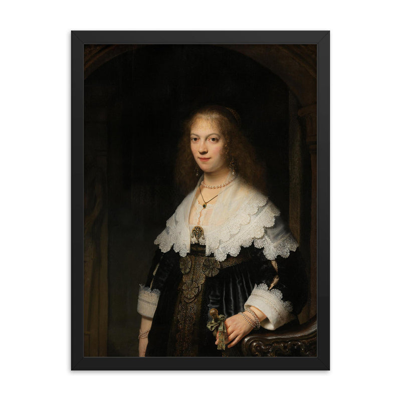 Portrait of Maria Trip by Rembrandt van Rijn framed print on a plain backdrop in size 18