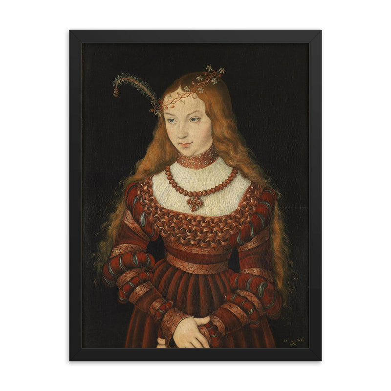Portrait of Princess Sibylle of Cleve by Lucas Cranach the Elder framed print on a plain backdrop in size 18