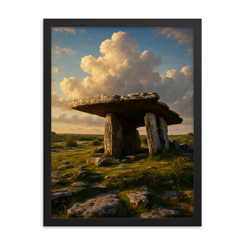 Poulnabrone Dolmen Ireland framed print on a plain backdrop in size 18
