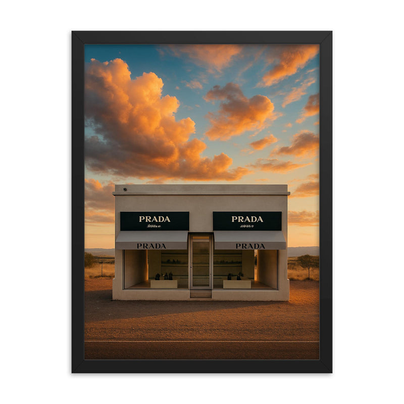 Prada Marfa Texas USA framed print on a plain backdrop in size 18