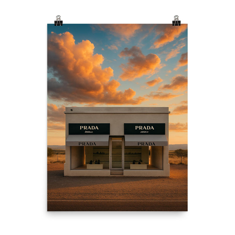 Prada Marfa Texas USA poster on a plain backdrop in size 8