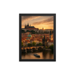 Prague at sunset framed print on a plain backdrop in size 12"x16".