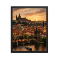 Prague at sunset framed print on a plain backdrop in size 16"x20".