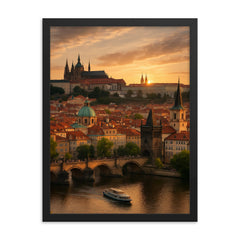 Prague at sunset framed print on a plain backdrop in size 18"x24".