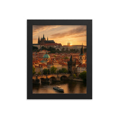 Prague at sunset framed print on a plain backdrop in size 8"x10".