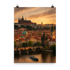 Prague at sunset poster on a plain backdrop in size 8"x10".