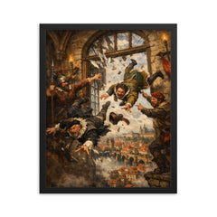 Prague defenders hurling imperial envoys from window framed print on a plain backdrop in size 16"x20".