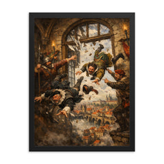 Prague defenders hurling imperial envoys from window framed print on a plain backdrop in size 18"x24".