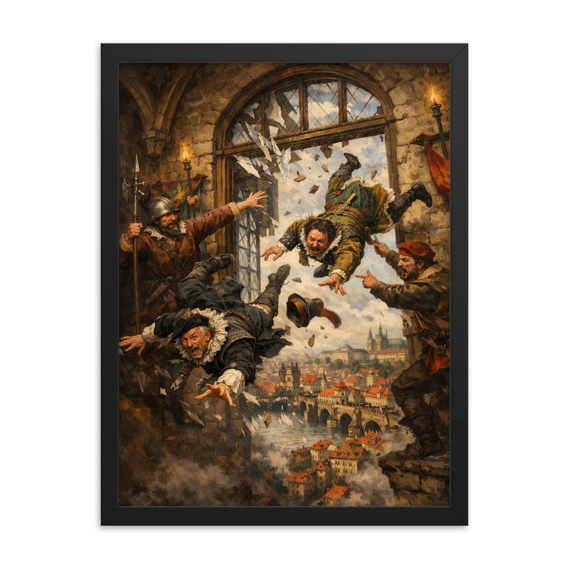 Prague defenders hurling imperial envoys from window framed print on a plain backdrop in size 18