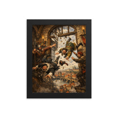 Prague defenders hurling imperial envoys from window framed print on a plain backdrop in size 8"x10".