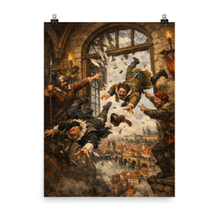 Prague defenders hurling imperial envoys from window poster on a plain backdrop in size 8"x10".