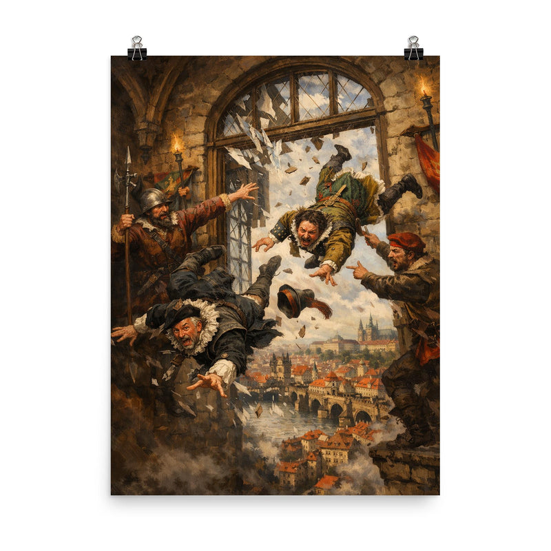 Prague defenders hurling imperial envoys from window poster on a plain backdrop in size 8