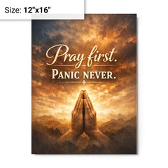 Pray first Panic never metal print on a plain backdrop in size 12"x16".