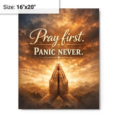 Pray first Panic never metal print on a plain backdrop in size 16"x20".