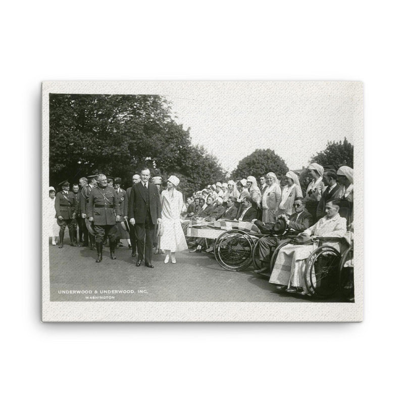 President Calvin Coolidge and Mrs Coolidge visit Walter Reed Hospital canvas print on a plain backdrop in size 18